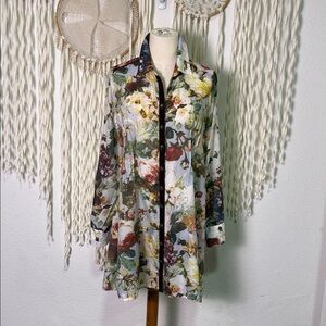 Aratta Silent Journey Silk Blend Floral Button Down Long Sleeve Tunic Top S